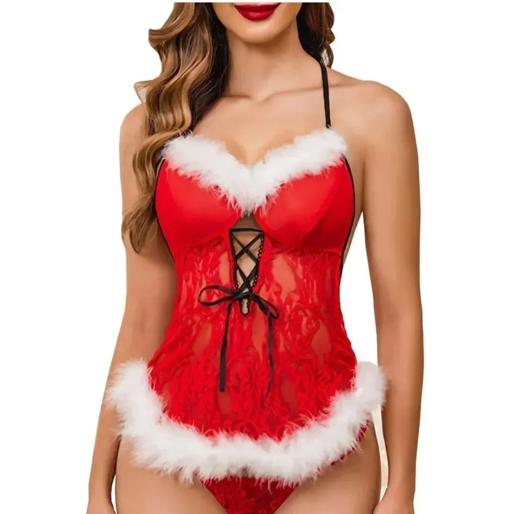 Mrs Claus Babydoll Womens Christmas Lingerie Sexy Backless Teddy Lace Sleepwear